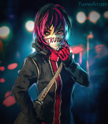 Rule 34 | 1girl, artist name, bag, blurry, blurry background, comic, commentary, covered mouth, depth of field, fisheye placebo, gloves, green eyes, hair between eyes, hand up, highres, hood, hood down, hoodie, long sleeves, mask, mouth mask, multicolored eyes, pink hair, red gloves, short hair, shoulder bag, sleeves past wrists, solo, upper body, watermark, web address, yellow eyes, yuumei