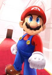 1boy artist_name blue_eyes blue_overalls brown_footwear brown_hair cabbie_hat clenched_hands facial_hair gloves hat highres long_sleeves male_focus maribou_(supermaribou) mario mario_(series) mustache nintendo overalls red_hat red_shirt shirt shoes solo white_gloves