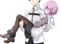 Rule 34 | 1boy, black-framed eyewear, carrying, chaldea uniform, closed mouth, collared shirt, f luck guy, fate/grand order, fate (series), fujimaru ritsuka (male), glasses, highres, hood, hoodie, light purple hair, looking at viewer, mash kyrielight, pantyhose, princess carry, purple eyes, purple hair, shirt, short hair, white background, white hair