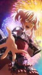 Rule 34 | 1girl, :d, blush, chloe von einzbern, dark-skinned female, dark skin, dutch angle, fate/kaleid liner prisma illya, fate (series), female focus, fireworks, floral print, game cg, highres, japanese clothes, kimono, long hair, long sleeves, looking at viewer, night, obi, official art, open mouth, outdoors, outstretched arm, pink hair, print kimono, red pupils, sash, smile, solo, teeth, third-party source, upper teeth only, wide sleeves, yellow eyes, yukata