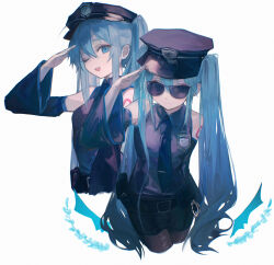 1girl adapted_costume arm_tattoo bare_shoulders belt belt_buckle black_hat black_necktie black_pantyhose black_shirt black_shorts black_sleeves blue_eyes blue_hair blue_trim buckle collared_shirt cowboy_shot cropped_torso cuffs detached_sleeves grey_background hand_up handcuffs hat hatsune_miku highres light_smile long_hair long_sleeves looking_at_viewer mihoranran necktie number_tattoo one_eye_closed open_mouth pantyhose police police_badge police_hat police_uniform policewoman pouch salute shirt short_shorts shorts sidelocks simple_background sleeveless sleeveless_shirt solo sunglasses tattoo tie_clip torn_clothes torn_pantyhose twintails very_long_hair vocaloid wide_sleeves