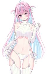 Rule 34 | 1girl, absurdres, aqua hair, bare shoulders, blue nails, blunt bangs, blush, braid, breasts, colored inner hair, commentary, cowboy shot, curvy, detached sleeves, french braid, hair ribbon, head tilt, highres, hololive, long hair, looking at viewer, medium breasts, meme attire, midriff, minato aqua, multicolored hair, nail polish, navel, panties, parted lips, pink eyes, pink hair, ribbed sweater, ribbon, side-tie panties, simple background, skindentation, sleeves past wrists, solo, standing, stomach, straight hair, streaked hair, suineco, sweater, thighs, tsurime, turtleneck, turtleneck sweater, two side up, underboob, underwear, very long hair, virgin destroyer sweater, virtual youtuber, white background, white panties, white ribbon