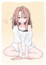 Rule 34 | 1girl, absurdres, alternate costume, barefoot, black camisole, brown eyes, camisole, commentary request, highres, hoshino sora., indian style, kantai collection, long hair, looking at viewer, messy hair, shirt, signature, sitting, solo, t-shirt, white shirt, yellow eyes, zuihou (kancolle)