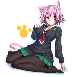 Rule 34 | 1girl, animal ears, black pantyhose, breasts, cat day, cat ears, cat girl, cat tail, closed mouth, green sailor collar, green skirt, hair between eyes, highres, kantai collection, large breasts, long sleeves, neckerchief, official alternate costume, pantyhose, paw pose, paw print, pink hair, pleated skirt, red eyes, red neckerchief, sailor collar, shiba (zudha), short hair, simple background, skirt, solo, tail, tama (kancolle), white background