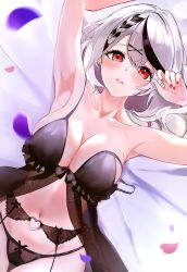 Rule 34 | 1girl, armpits, arms up, aya02ka, babydoll, bed sheet, black hair, black panties, blush, breasts, cleavage, collarbone, cowboy shot, earrings, from above, garter belt, hair ornament, hairclip, heart o-ring, highres, hololive, jewelry, large breasts, lingerie, looking at viewer, looking up, lying, multicolored hair, nail polish, navel, on back, on bed, panties, parted lips, petals, red eyes, red nails, sakamata chloe, short hair, silver hair, solo, stomach, strap slip, streaked hair, thigh gap, two-tone hair, underwear, underwear only, virtual youtuber, x hair ornament