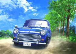 Rule 34 | absurdres, blue sky, car, cloud, cloudy sky, day, driving, grass, highres, hirota (masasiv3), license plate, mini cooper, motor vehicle, mountain, no humans, outdoors, road, scenery, sky, tree, vehicle focus