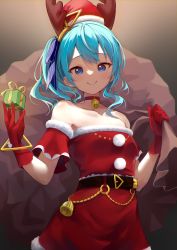 Rule 34 | 1girl, absurdres, alternate costume, arm garter, asymmetrical hair, bare shoulders, bell, belt, black belt, blue eyes, blue hair, blue ribbon, blush, box, breasts, brown background, carrying over shoulder, choker, christmas, closed mouth, collarbone, commentary, cowboy shot, dress, earrings, english commentary, fake antlers, fur-trimmed dress, fur trim, gift, gift bag, gift box, gloves, gradient background, hair between eyes, hair ribbon, hat, highres, holding, holding box, hololive, hoshimachi suisei, jewelry, kaiwa, light blue hair, looking at viewer, medium hair, neck bell, pom pom (clothes), red choker, red dress, red gloves, ribbon, santa dress, santa hat, side ponytail, simple background, small breasts, smile, solo, standing, star-shaped pupils, star (symbol), star earrings, strapless, strapless dress, striped ribbon, symbol-shaped pupils, virtual youtuber