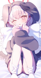 Rule 34 | 1girl, absurdres, ass, bed sheet, beret, black hat, black shirt, black wings, blue archive, blush, halo, hat, head wings, highres, koharu (blue archive), long hair, long sleeves, looking at viewer, one eye closed, open mouth, pillow, pink eyes, pink hair, punapuraaa, red halo, red skirt, shirt, skirt, socks, solo, twintails, white socks, wings