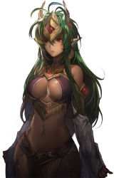 Rule 34 | 1girl, breasts, center opening, cowboy shot, detached sleeves, earrings, elf, green hair, headpiece, heroes lore v, hip focus, jewelry, large breasts, long hair, midriff, pointy ears, red eyes, repi, simple background, solo, white background, wide hips