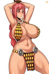 Rule 34 | 1girl, absurdres, areola slip, armor, arms up, bikini armor, bound, bound wrists, breasts, bursting breasts, cleavage, curvy, gladiator, highres, huge breasts, jewelry, jmg, large areolae, long hair, navel, necklace, one piece, pink hair, ponytail, rebecca (one piece), restrained, revealing clothes, solo, spread legs, sweat, taut clothes, transparent background, wide hips