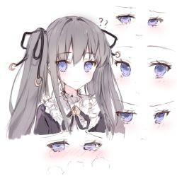 Rule 34 | 1girl, ?, ??, arcaea, bad id, bad twitter id, black ribbon, black shirt, blush, character request, closed mouth, commentary, cropped torso, crying, crying with eyes open, grey hair, hair between eyes, hair ribbon, highres, long hair, multiple views, nose blush, parted lips, purple eyes, ribbon, shirt, smile, sweat, tandohark, tears, twintails, upper body, v-shaped eyebrows, wavy mouth, white background