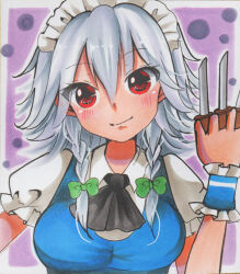 Rule 34 | 1girl, ascot, between fingers, black ascot, blue vest, braid, breasts, closed mouth, frilled sleeves, frills, grey hair, hair between eyes, head tilt, holding, holding knife, izayoi sakuya, knife, knives between fingers, light smile, looking at viewer, maccha xxxxxx, maid, maid headdress, marker (medium), medium breasts, medium hair, puffy short sleeves, puffy sleeves, purple background, red eyes, shirt, short sleeves, simple background, solo, touhou, traditional media, twin braids, upper body, vest, white shirt, wrist cuffs