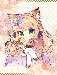 Rule 34 | 1girl, animal ear fluff, animal ears, bare shoulders, blush, braid, breasts, brown footwear, brown hair, brown kimono, cat ears, cat girl, cat tail, chibi, closed mouth, commentary request, copyright request, crossed legs, flower, folding fan, gloves, green eyes, hair flower, hair ornament, hand fan, holding, holding fan, japanese clothes, kimono, long hair, looking at viewer, medium breasts, obi, rose, ryuuka sane, sash, shoes, sitting, solo, tail, thighhighs, very long hair, white flower, white gloves, white rose, white thighhighs, yagasuri, yellow flower, yellow rose