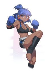 Rule 34 | 1girl, bare shoulders, black shorts, black socks, blue hair, blue nails, boxing gloves, breasts, cleavage, collarbone, commentary request, cropped legs, dark-skinned female, dark skin, difman, eyebrows hidden by hair, highres, looking at viewer, medium breasts, nail polish, no shoes, original, ponytail, purple eyes, short eyebrows, short shorts, shorts, socks, solo, standing, standing on one leg, stirrup legwear, thick eyebrows, toeless legwear