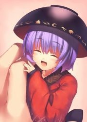 Rule 34 | 1girl, ^ ^, blush, bowl, closed eyes, gradient background, happy, japanese clothes, kaiza (rider000), kimono, long sleeves, mini person, minigirl, object on head, open mouth, out of frame, purple hair, ribbon, short hair, smile, solo focus, sukuna shinmyoumaru, touhou, upper body, wide sleeves
