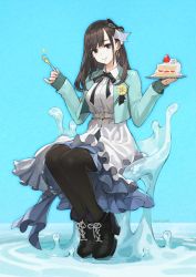 Rule 34 | 1girl, absurdres, artist name, belt, black bow, black footwear, black hair, black ribbon, bow, cake, chain, commentary request, commission, earrings, eating, food, fork, fruit, hair bow, hanabasami kyou, highres, holding, holding fork, holding plate, jacket, jewelry, jun (navigavi), looking at viewer, making-of available, medal, medium hair, neck ribbon, pantyhose, pinky out, plate, re:act, ribbon, sitting on water, skeb commission, skirt, sleeves past wrists, solo, sparkle, sparkling eyes, strawberry, strawberry cake, virtual youtuber, white skirt