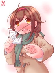 Rule 34 | 10s, 1girl, ahoge, blush, brown hair, coat, commentary request, dated, full-face blush, green scarf, hair ornament, hairband, highres, kanon (kurogane knights), kantai collection, long sleeves, mask, mouth mask, open mouth, orange eyes, pulling, red hairband, scarf, shiratsuyu (kancolle), short hair, solo, surgical mask, sweatdrop, teeth, winter clothes, winter coat
