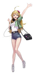 Rule 34 | 1girl, absurdres, ahoge, arm up, bag, bare legs, belt, blonde hair, bracelet, commentary, denim, denim shorts, english commentary, flower, full body, green eyes, green jacket, hair flower, hair ornament, headphones, headphones around neck, highres, hoshii miki, idolmaster, idolmaster (classic), jacket, jewelry, knees together feet apart, long hair, looking at viewer, mac star, open mouth, pink flower, shirt, shirt tucked in, shoes, short sleeves, shorts, shoulder bag, simple background, smile, solo, teeth, upper teeth only, waving, white background, white footwear, white shirt