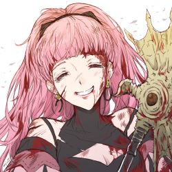 Rule 34 | 1girl, axe, blood, blood on face, blood on clothes, bloody weapon, breasts, cleavage, earrings, closed eyes, fire emblem, fire emblem: three houses, freikugal (weapon), grin, heroes relic (fire emblem), hilda valentine goneril, injury, jewelry, long hair, mojakkoro, nintendo, pink hair, ponytail, simple background, smile, solo, tearing up, upper body, weapon, white background