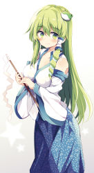 Rule 34 | 1girl, absurdres, bare shoulders, blue skirt, blush, breasts, commentary request, cowboy shot, detached sleeves, frog hair ornament, gradient background, green eyes, green hair, grey background, hair between eyes, hair ornament, hair tubes, highres, holding, kochiya sanae, long hair, long sleeves, looking at viewer, maturiuta sorato, medium breasts, shirt, sidelocks, skirt, smile, snake hair ornament, solo, standing, star (symbol), touhou, white background, white shirt, wide sleeves