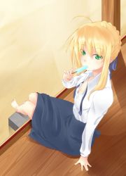 Rule 34 | 1girl, ahoge, arm support, artoria pendragon (fate), barefoot, blonde hair, breasts, downblouse, fate/stay night, fate (series), food, green eyes, hair ribbon, highres, ice cream, looking at viewer, mayura 90, no legwear, no shoes, open clothes, open shirt, popsicle, porch, ribbon, saber (fate), shirt, sitting, skirt, small breasts, solo, veranda