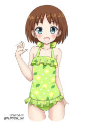 Rule 34 | 10s, 1girl, :d, arm behind back, blue eyes, brown hair, commentary, cowboy shot, cropped legs, dated, flipper, floral print, frilled swimsuit, frills, girls und panzer, green one-piece swimsuit, looking at viewer, one-hour drawing challenge, one-piece swimsuit, open mouth, print swimsuit, sakaguchi karina, short hair, simple background, smile, solo, standing, swimsuit, swimsuit skirt, twitter username, waving, white background