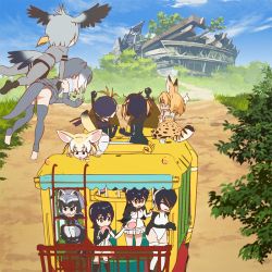 Rule 34 | 10s, 6+girls, animal ears, arm up, bird girl, bird tail, bird wings, black hair, blank eyes, blonde hair, carrying, common raccoon (kemono friends), day, eating, emperor penguin (kemono friends), fennec (kemono friends), flying, food, fox ears, gentoo penguin (kemono friends), grey hair, grey legwear, head wings, humboldt penguin (kemono friends), japari bun, japari bus, kemono friends, multicolored hair, multiple girls, official art, outdoors, penguins performance project (kemono friends), pointing, raccoon ears, raccoon tail, rockhopper penguin (kemono friends), royal penguin (kemono friends), serval (kemono friends), serval print, serval tail, shoebill (kemono friends), short hair, sitting, sky, small-clawed otter (kemono friends), standing, striped tail, tail, tatsuki (irodori), thighhighs, white legwear, wings
