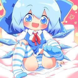 Rule 34 | 1girl, ayakashi (monkeypanch), bed, blue eyes, blue hair, blush, bow, cirno, feet, female focus, hair bow, matching hair/eyes, no nose, open mouth, panties, sitting, solo, star (symbol), striped clothes, striped panties, striped thighhighs, thighhighs, touhou, underwear, wings