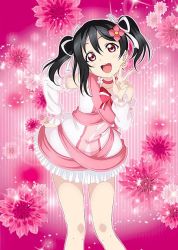 Rule 34 | 1girl, artist name, artist request, bare legs, bare shoulders, black hair, blush, bokutachi wa hitotsu no hikari, bow, breasts, choker, cleavage, collarbone, detached sleeves, dress, female focus, flower, flower choker, frilled sleeves, frills, hair bow, hair flower, hair ornament, hair ribbon, looking at viewer, love live!, love live! school idol project, medium breasts, parted lips, pink choker, pink dress, pink flower, pink ribbon, red eyes, ribbon, short hair, skirt, smile, solo, striped neckwear, twintails, white dress, white skirt, yazawa nico