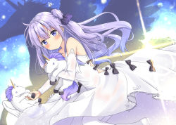Rule 34 | 1girl, :o, azur lane, bare shoulders, black footwear, black ribbon, blue sky, blush, commentary request, detached sleeves, dress, hair between eyes, hair bun, hair ribbon, long hair, long sleeves, looking at viewer, looking to the side, mikoillust, hugging object, one side up, parted lips, purple eyes, purple hair, ribbon, shoes, side bun, silhouette, single hair bun, single side bun, sky, solo, strapless, strapless dress, stuffed animal, stuffed pegasus, stuffed toy, stuffed unicorn, stuffed winged unicorn, sunlight, thighhighs, unicorn (azur lane), very long hair, white dress, white footwear, white thighhighs, winged unicorn