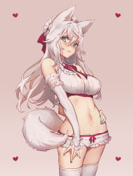 Rule 34 | 1girl, animal ears, aqua eyes, aqua nails, arched back, bare shoulders, bow, bowtie, breasts, brown background, commentary request, crop top, detached sleeves, dog ears, dog tail, hair between eyes, heart, highres, large breasts, long hair, looking at viewer, nail polish, navel, original, red bow, red bowtie, simple background, solo, standing, stomach, tail, thighhighs, white hair, yutsumoe