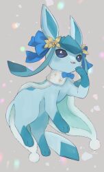 Rule 34 | blue bow, bow, clothed pokemon, creatures (company), game freak, gen 4 pokemon, glaceon, highres, nintendo, no humans, nullma, open mouth, pokemon, pokemon (creature), signature, simple background, solo, watermark