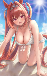 Rule 34 | 1girl, :d, absurdres, all fours, animal ears, antenna hair, bare arms, bare shoulders, barefoot, beach, bikini, blush, bow, breasts, cleavage, collarbone, daiwa scarlet (umamusume), day, fang, frilled bikini, frills, hair bow, hair intakes, hanging breasts, highres, horse ears, horse girl, horse tail, huziko32, large breasts, long hair, looking at viewer, ocean, open mouth, outdoors, pink bow, purple eyes, red hair, skin fang, smile, solo, sun, sunlight, swimsuit, tail, twintails, umamusume, very long hair, white bikini
