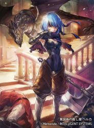 Rule 34 | 1girl, axe, beruka (fire emblem), blue hair, boots, breasts, cleavage, covered navel, dragon, dragon wings, faceless, faceless male, fire emblem, fire emblem cipher, fire emblem fates, gloves, headband, nintendo, official art, purple eyes, scarf, solo, solo focus, sparkle, stairs, uroko (mnr), wings