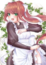 Rule 34 | 1girl, :d, absurdres, apron, apron lift, black dress, blush, bow, branch, brown hair, clothes lift, cowboy, cowboy western, doki doki literature club, dress, dress lift, eyelashes, eyes visible through hair, floating hair, frilled apron, frills, garter belt, garter straps, green eyes, hair bow, hand on own chest, happy, head tilt, highres, ivy, juliet sleeves, leaning back, lifted by self, long hair, long sleeves, looking at viewer, looking to the side, maid, maid apron, mi tarou0412, monika (doki doki literature club), multicolored clothes, open mouth, plant, ponytail, puffy sleeves, sidelocks, simple background, smile, solo, sparkle, thighs, tongue, very long hair, western, white apron, white background, white bow, white garter belt, white garter straps