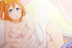 Rule 34 | 10s, 1girl, bare shoulders, bed, bed sheet, blue eyes, blush, bow, bra, breasts, cleavage, curtains, feitonokesin, gluteal fold, hair bow, indoors, kosaka honoka, large breasts, looking at viewer, love live!, love live! school idol project, lying, medium hair, off shoulder, on bed, on side, orange hair, panties, parted lips, pillow, pink bra, pink panties, side ponytail, skirt, solo, strap slip, striped clothes, striped panties, underwear, underwear only, yellow bow
