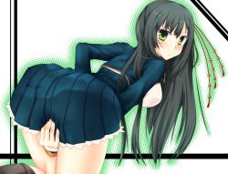 Rule 34 | 10s, 1girl, black hair, blush, breasts, covering privates, covering crotch, framed breasts, from behind, green eyes, hair ornament, hamo tosaka, kneeling, koi to senkyo to chocolate, leaning forward, long hair, looking back, school uniform, shinonome satsuki, solo