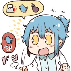 Rule 34 | !?, &gt;:d, 0 0, 1girl, :d, blue hair, clenched hands, commentary request, eggplant, hatsuyume, lab coat, logo, mount fuji, open mouth, personification, ponytail, sidelocks, smile, solo, tsukigi, twitter, v-shaped eyebrows, yellow eyes