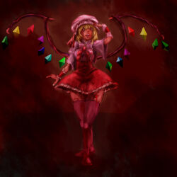 Rule 34 | 1girl, 3735geriragouki, adapted costume, blood, blood on clothes, blood on leg, bloody clothes, bloody dress, bloody tears, dress, flandre scarlet, frilled dress, frills, full body, hat, mob cap, multicolored wings, red background, red dress, red eyes, red theme, short dress, short sleeves, solo, teeth, thighhighs, touhou, veins, veiny arms, white hat, wings, wrist cuffs, zettai ryouiki