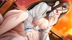 Rule 34 | 1boy, 1girl, black hair, blush, bottomless, breasts, breasts out, butcha-u, clothed sex, clothes lift, evening, game cg, girl on top, hairband, hetero, kurosu reina, large breasts, legs, long hair, lying, meikoku gakuen taidou hen, nipples, no panties, open clothes, open mouth, original, outdoors, red eyes, sex, shirt lift, sitting, sitting on person, sky, thighs, vaginal