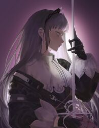 Rule 34 | 1girl, arknights, black gloves, closed mouth, commentary, dress, from side, gloves, grey eyes, grey hair, head wings, highres, holding, holding sword, holding weapon, irene (arknights), long hair, long sleeves, megumui 9, profile, purple background, rapier, simple background, solo, sword, very long hair, weapon, wings