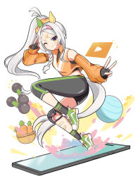 Rule 34 | 1girl, akane (akane112234), animal ears, asymmetrical clothes, bandaid, bandaid on face, bandaid on forehead, bare shoulders, black gloves, blush, braid, carrot, commentary request, crop top, detached sleeves, ear covers, fanny pack, fingerless gloves, gloves, green footwear, grey hair, groin, headband, high ponytail, highres, horse ears, horse girl, horse tail, horseshoe, knee pads, long hair, long sleeves, looking at viewer, midriff, navel, one eye closed, open mouth, orange eyes, pants, salute, shoes, simple background, single braid, single knee pad, single pantsleg, smile, sneakers, solo, sonon elfie (umamusume), stretching, sweat, tail, umamusume, v, white background