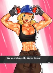 Rule 34 | 1girl, arms up, biceps, black sports bra, blonde hair, blue eyes, blue headwear, brown pants, cessa, character name, cowboy shot, creatures (company), english text, game freak, gloves, grey gloves, hard hat, helmet, holding, holding poke ball, long hair, looking at viewer, muscular, muscular female, nintendo, one eye closed, pants, poke ball, poke ball (basic), pokemon, pokemon swsh, solo, sports bra, worker (pokemon)