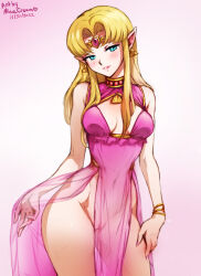 Rule 34 | 1girl, 2022, artist name, blonde hair, blue eyes, bracelet, breasts, circlet, cleavage cutout, cleft of venus, clothing cutout, cowboy shot, dated, dress, jewelry, looking at viewer, medium breasts, mina cream, navel, nintendo, pelvic curtain, pointy ears, princess zelda, pussy, see-through, simple background, sleeveless, sleeveless dress, smile, solo, the legend of zelda, the legend of zelda: a link between worlds, triforce earrings