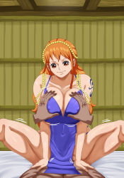 Rule 34 | 1boy, 1girl, breast press, breasts, breasts squeezed together, cleavage, curvy, dress, fingernails, grabbing, grabbing another&#039;s breast, hair ornament, highres, huge breasts, large breasts, legs, long hair, looking at another, looking at viewer, midriff, motion lines, nami (one piece), nami (one piece) (zou), navel, one piece, orange hair, pinkpawg, purple dress, revealing clothes, shiny skin, short dress, shoulder tattoo, sitting, sitting on person, smile, solo, squatting, tattoo, thick thighs, thighs, vaginal, very long hair, wide hips