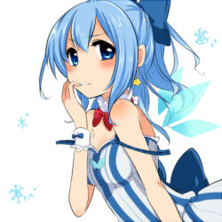 Rule 34 | 1girl, alternate costume, blue eyes, blue hair, blue nails, blush, body blush, bow, breasts, cirno, cleavage, detached collar, earrings, hair bow, highres, ice, ice wings, jewelry, looking at viewer, matching hair/eyes, nail polish, negiko, simple background, snowflakes, solo, star (symbol), star earrings, strap slip, touhou, white background, wings, wrist cuffs