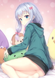 Rule 34 | 10s, 1girl, :o, ass, barefoot, blue eyes, blush, bow, commentary request, eromanga sensei, gradient hair, hair bow, highres, izumi sagiri, jacket, long hair, looking at viewer, multicolored hair, parted lips, pink bow, pink hair, revision, silver hair, sitting, solo, stuffed animal, stuffed duck, stuffed octopus, stuffed toy, thighs, tomifumi, yokozuwari