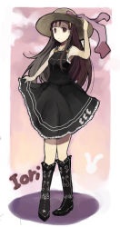 Rule 34 | 00s, 1girl, arm up, armpits, bare arms, bare shoulders, black dress, black footwear, boots, bow, breasts, brown eyes, brown hair, brown hat, character name, collarbone, dress, frilled dress, frills, hairband, hand on headwear, hat, hat bow, headband, idolmaster, idolmaster (classic), knee boots, looking at viewer, minase iori, orange hairband, pigeon-toed, pink bow, pos (shiratama-ya), sketch, skirt hold, sleeveless, sleeveless dress, small breasts, solo, standing, straw hat, tareme