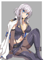 Rule 34 | 1girl, azur lane, black gloves, blue eyes, boots, breasts, choker, cleavage, clothes tug, cross, cross choker, cross necklace, earrings, gloves, half gloves, highres, jacket, jacket on shoulders, jewelry, large breasts, midriff, mole, mole on breast, navel, necklace, olly (ollycrescent), overall skirt, painttool sai (medium), photoshop (medium), short hair, silver hair, sleeveless, solo, thigh boots, thighhighs, washington (azur lane), wrist straps