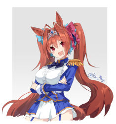 Rule 34 | 1girl, animal ears, black bow, black bowtie, blue jacket, blue ribbon, border, bow, bowtie, brown hair, center frills, commentary request, commission, cowboy shot, crossed arms, daiwa scarlet (umamusume), epaulettes, eyes visible through hair, fang, frills, garter straps, grey background, hair bow, hair intakes, hair ribbon, horse ears, jacket, long hair, long sleeves, nejikyuu, open mouth, pink bow, red eyes, ribbon, shirt, simple background, skin fang, skirt, smile, solo, tiara, twintails, twitter username, umamusume, v-shaped eyebrows, very long hair, white border, white shirt, white skirt